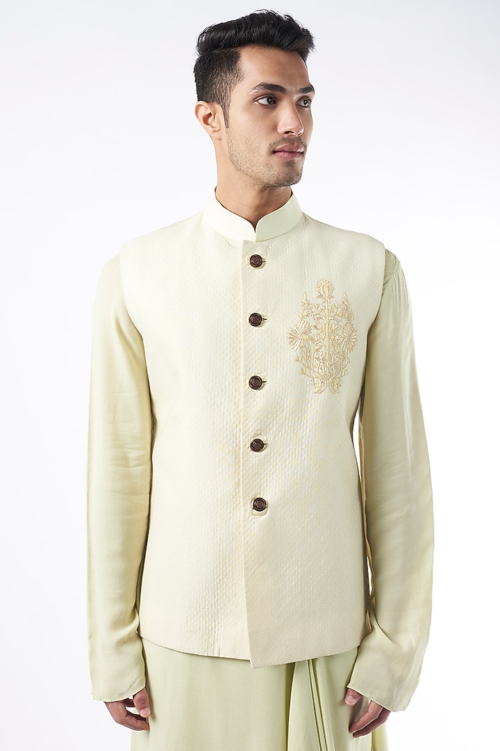 Light Lemon Raw Silk Bundi Jacket by ALLUR at Pernia's Pop Up Shop