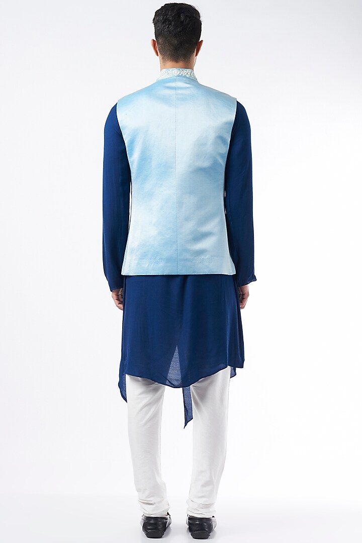 Powder Blue Linen Silk Bundi Jacket by ALLUR at Pernia's Pop Up Shop