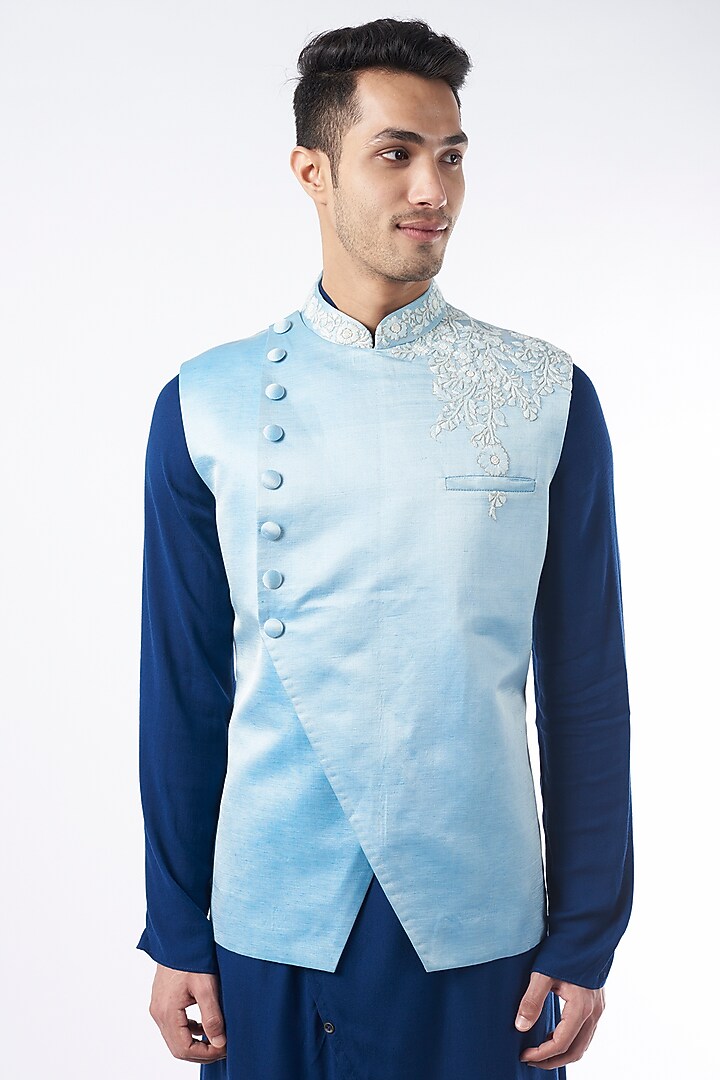 Powder Blue Linen Silk Bundi Jacket by ALLUR at Pernia's Pop Up Shop