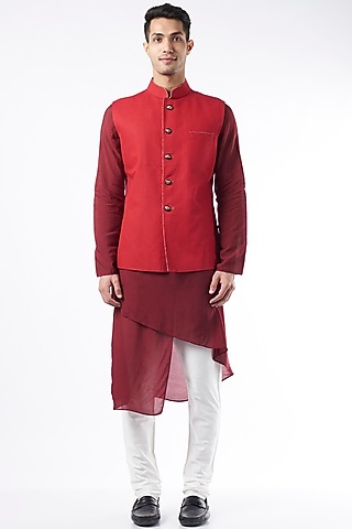 Red Pure Raw Silk Bundi Jacket by ALLUR