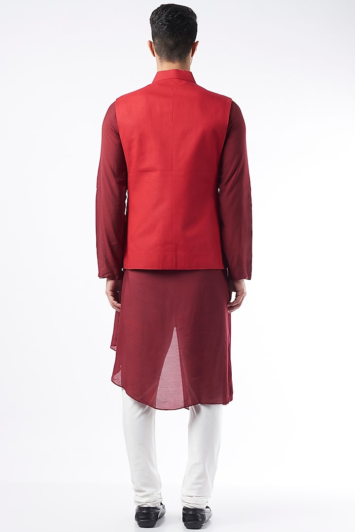 Red Pure Raw Silk Bundi Jacket by ALLUR at Pernia's Pop Up Shop