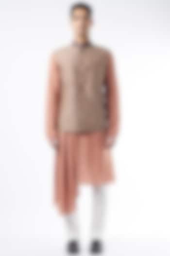 Brown Linen Printed Bundi Jacket by ALLUR at Pernia's Pop Up Shop