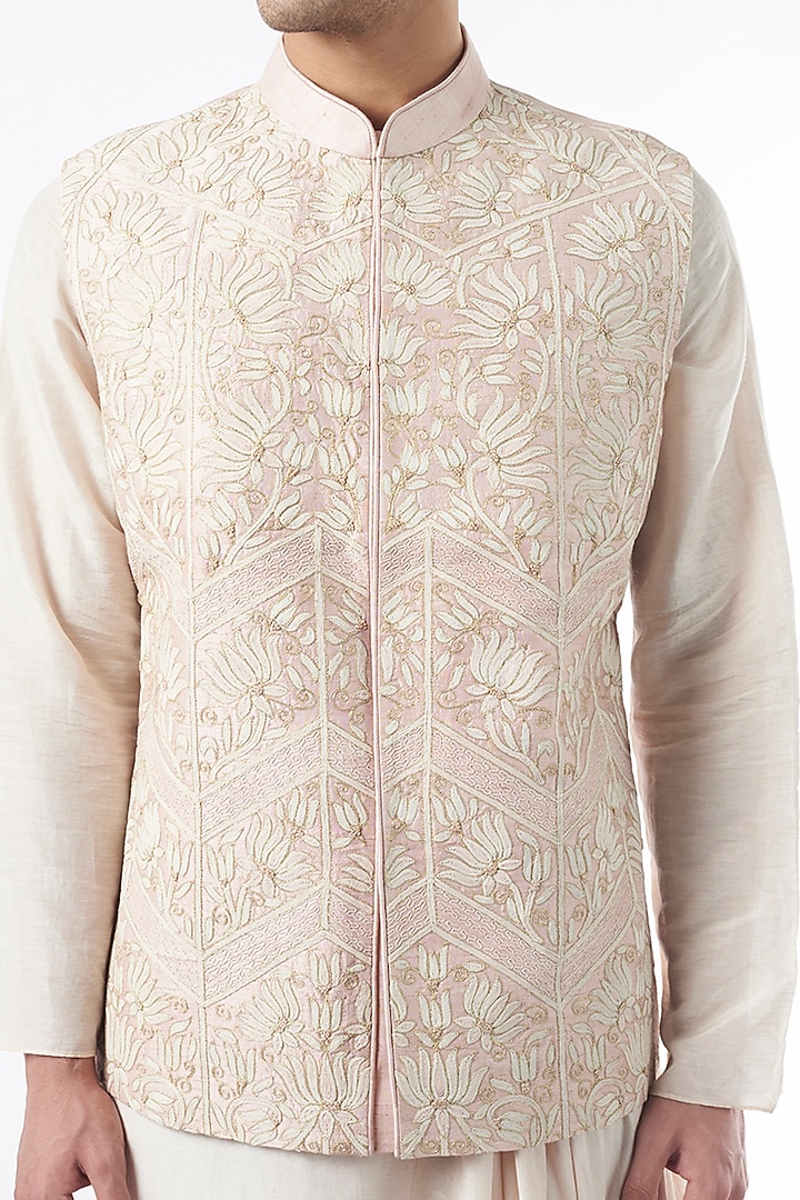 Baby Pink Embroidered Nehru Jacket With Kurta Set by ALLUR at Pernia's Pop Up Shop