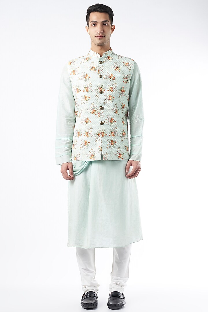 Mint Green Printed Nehru Jacket With Kurta Set by ALLUR