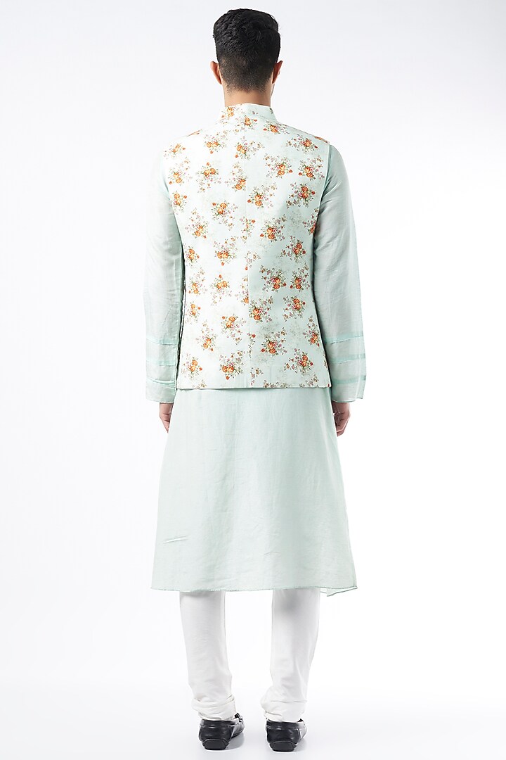 Mint Green Printed Nehru Jacket With Kurta Set by ALLUR at Pernia's Pop Up Shop