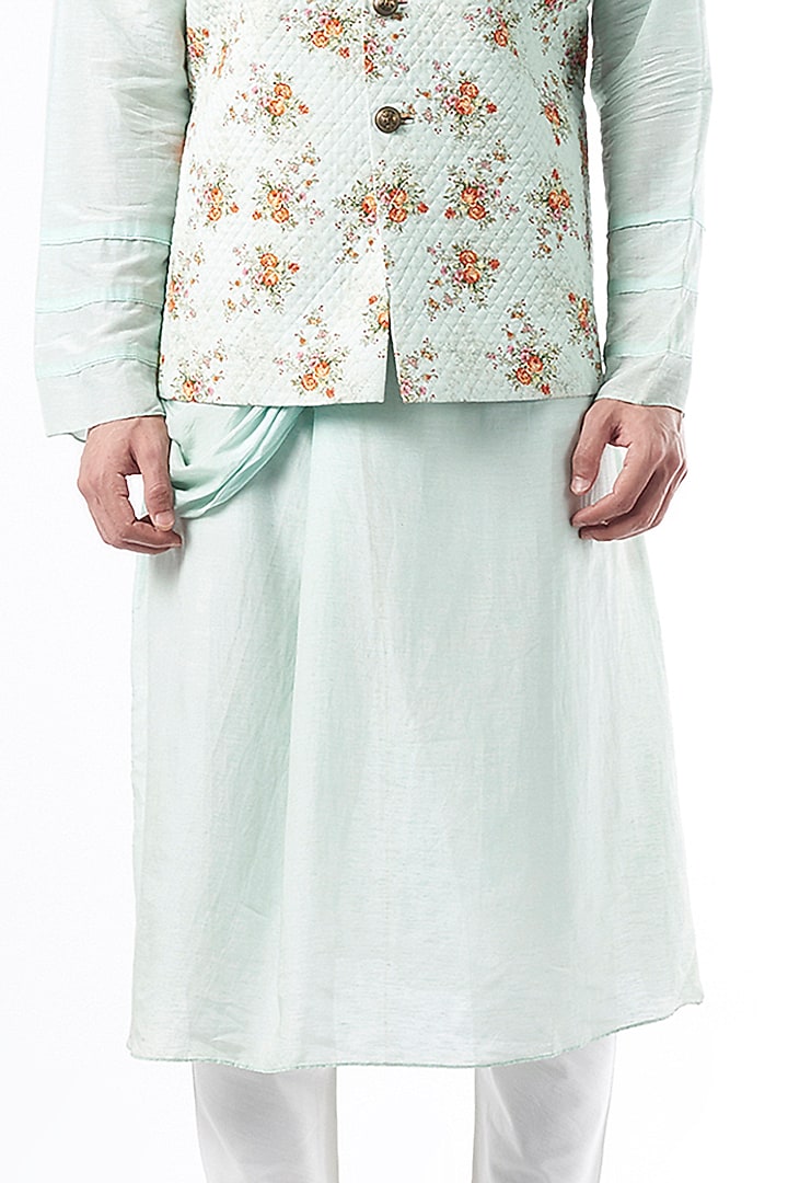 Mint Green Printed Nehru Jacket With Kurta Set by ALLUR at Pernia's Pop Up Shop
