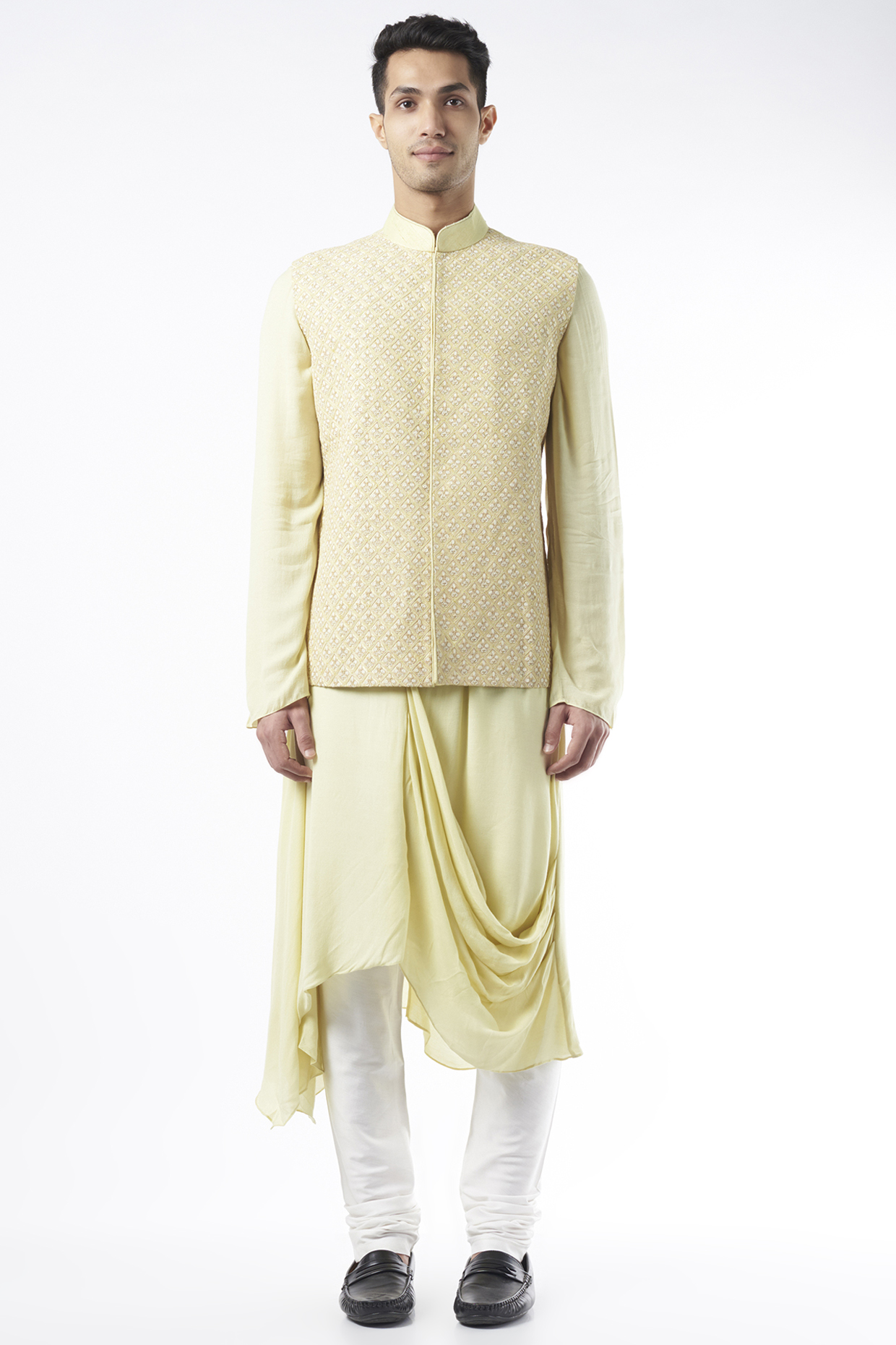 Light Lime Embroidered Nehru Jacket With Kurta Set by ALLUR at Pernia's Pop Up Shop