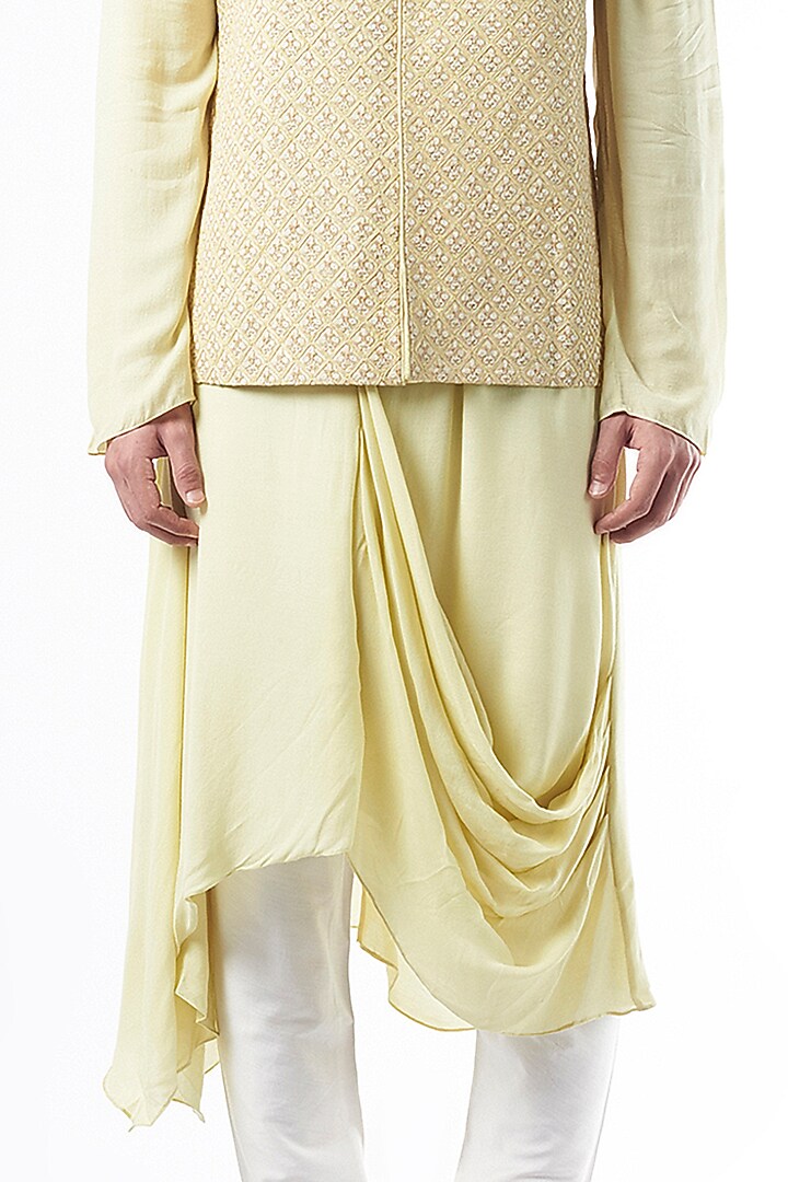 Light Lime Embroidered Nehru Jacket With Kurta Set by ALLUR at Pernia's Pop Up Shop