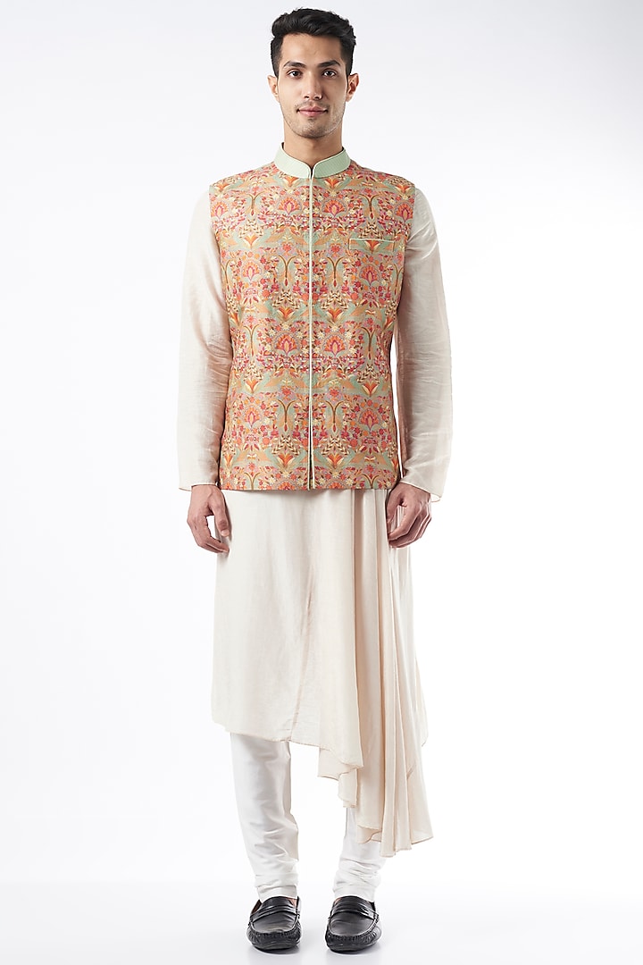 Mint Green Embroidered Bundi Jacket With Kurta Set by ALLUR at Pernia's Pop Up Shop