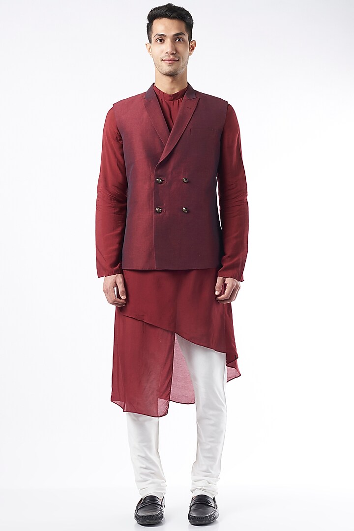 Maroon Raw Silk Bundi Jacket by ALLUR at Pernia's Pop Up Shop