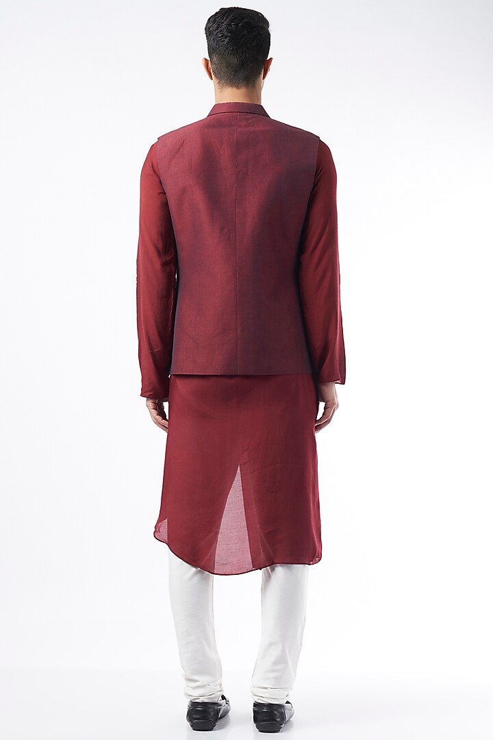 Maroon Raw Silk Bundi Jacket by ALLUR at Pernia's Pop Up Shop