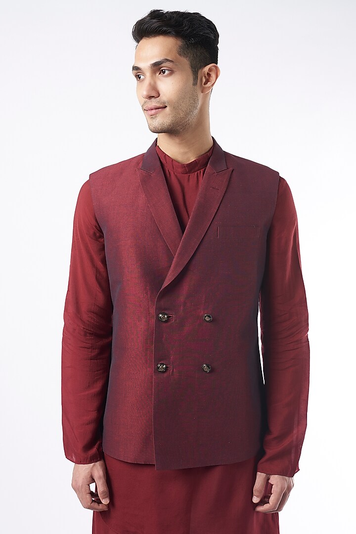 Maroon Raw Silk Bundi Jacket by ALLUR at Pernia's Pop Up Shop