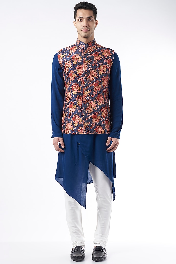 Navy Blue Raw Silk Printed Bundi Jacket by ALLUR at Pernia's Pop Up Shop