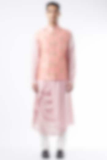 Peach Raw Silk Embroidered Bundi Jacket by ALLUR at Pernia's Pop Up Shop