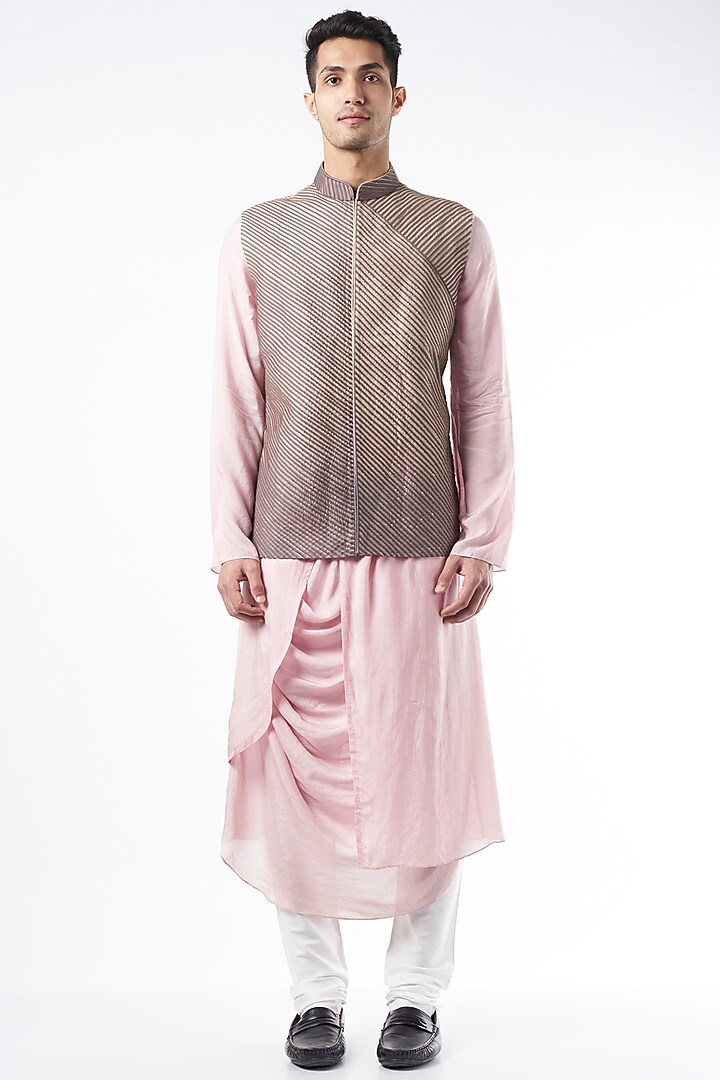 Grey Raw Silk Embroidered Bundi Jacket by ALLUR at Pernia's Pop Up Shop