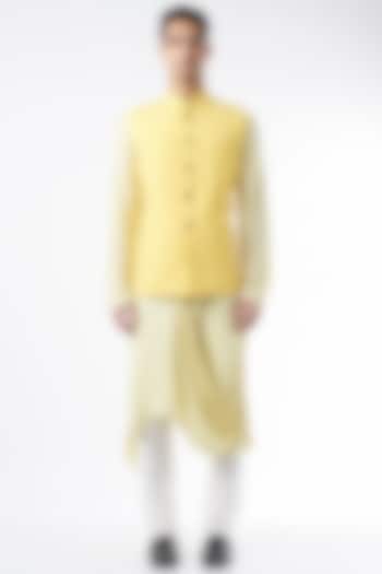 Yellow Cotton Silk Kurta Set With Bundi Jacket by ALLUR