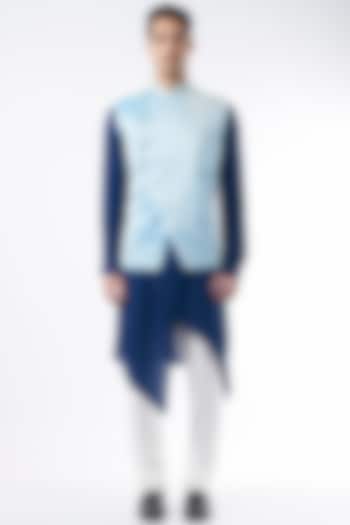 Navy Blue Cotton Silk Kurta Set With Bundi Jacket by ALLUR