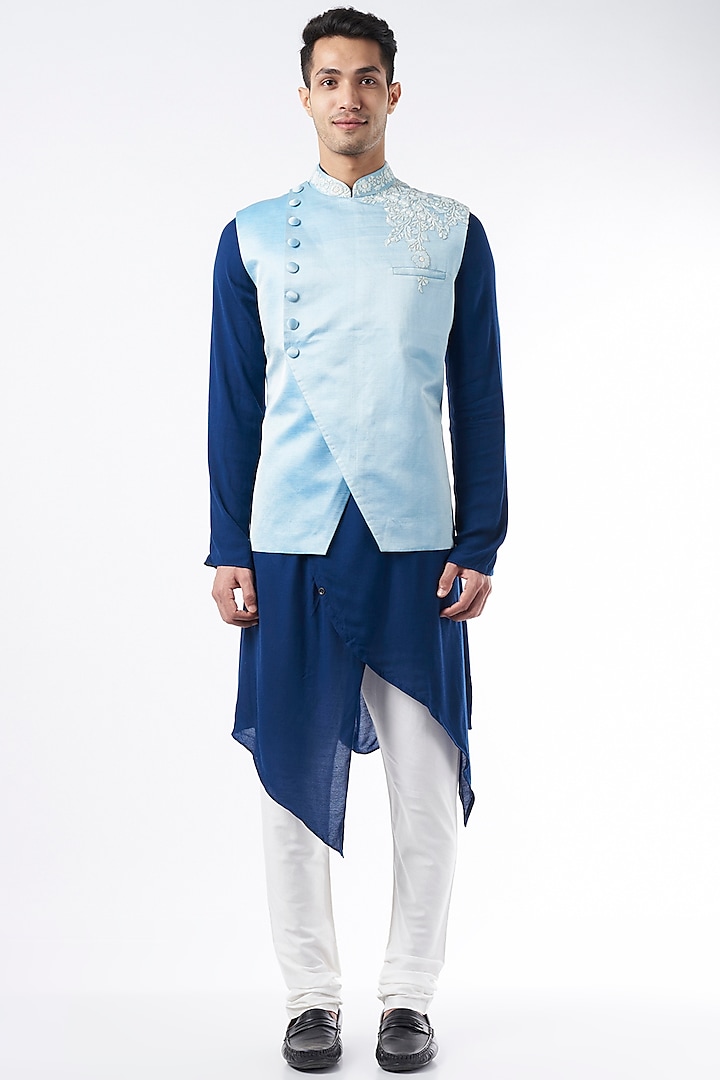 Navy Blue Cotton Silk Kurta Set With Bundi Jacket by ALLUR