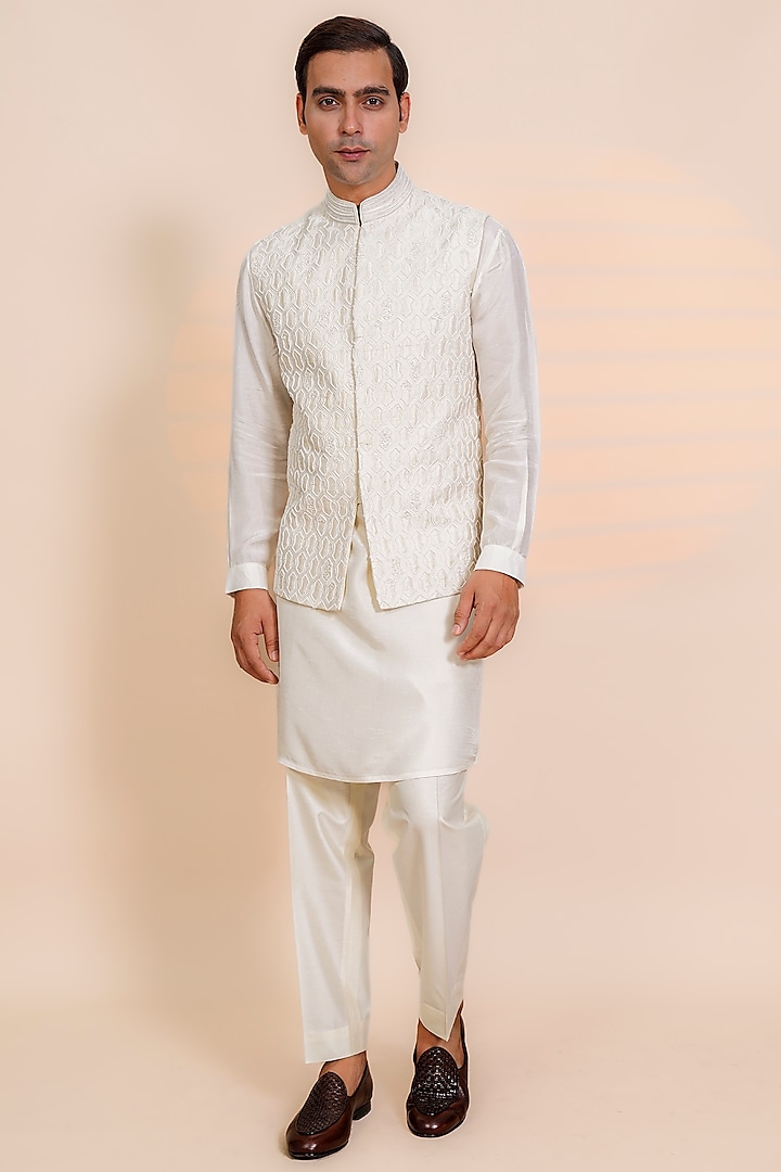 Off-White Raw Silk Hand Embroidered Nehru Jacket Set by AL USTAAD