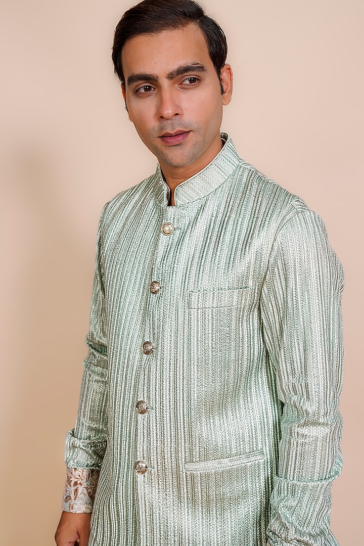 Mint Green Cotton Silk Nehru Jacket Set by AL USTAAD at Pernia's Pop Up Shop