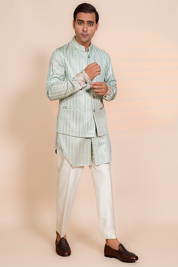 Mint Green Cotton Silk Nehru Jacket Set by AL USTAAD at Pernia's Pop Up Shop