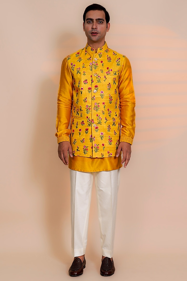 Mustard Raw Silk Machine Embroidered Nehru Jacket Set by AL USTAAD
