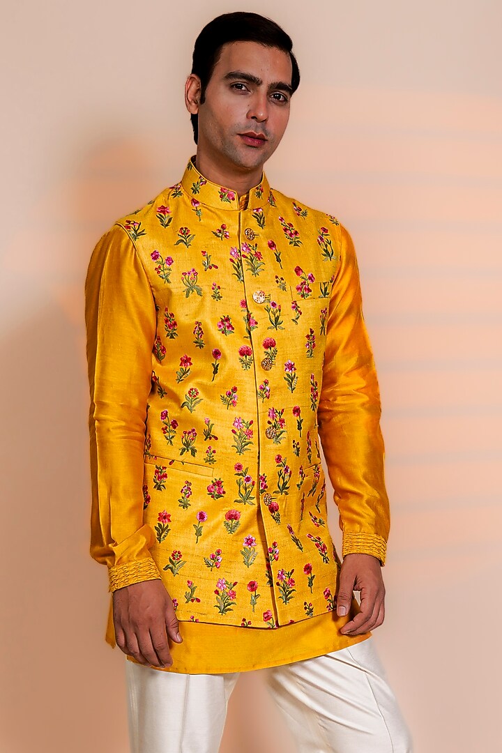 Mustard Raw Silk Thread Embroidered Nehru Jacket Set by AL USTAAD at Pernia's Pop Up Shop