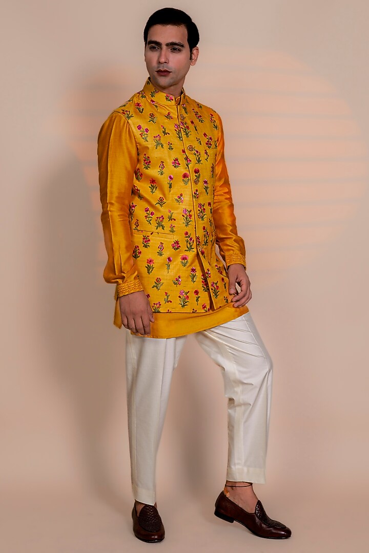 Mustard Raw Silk Thread Embroidered Nehru Jacket Set by AL USTAAD at Pernia's Pop Up Shop