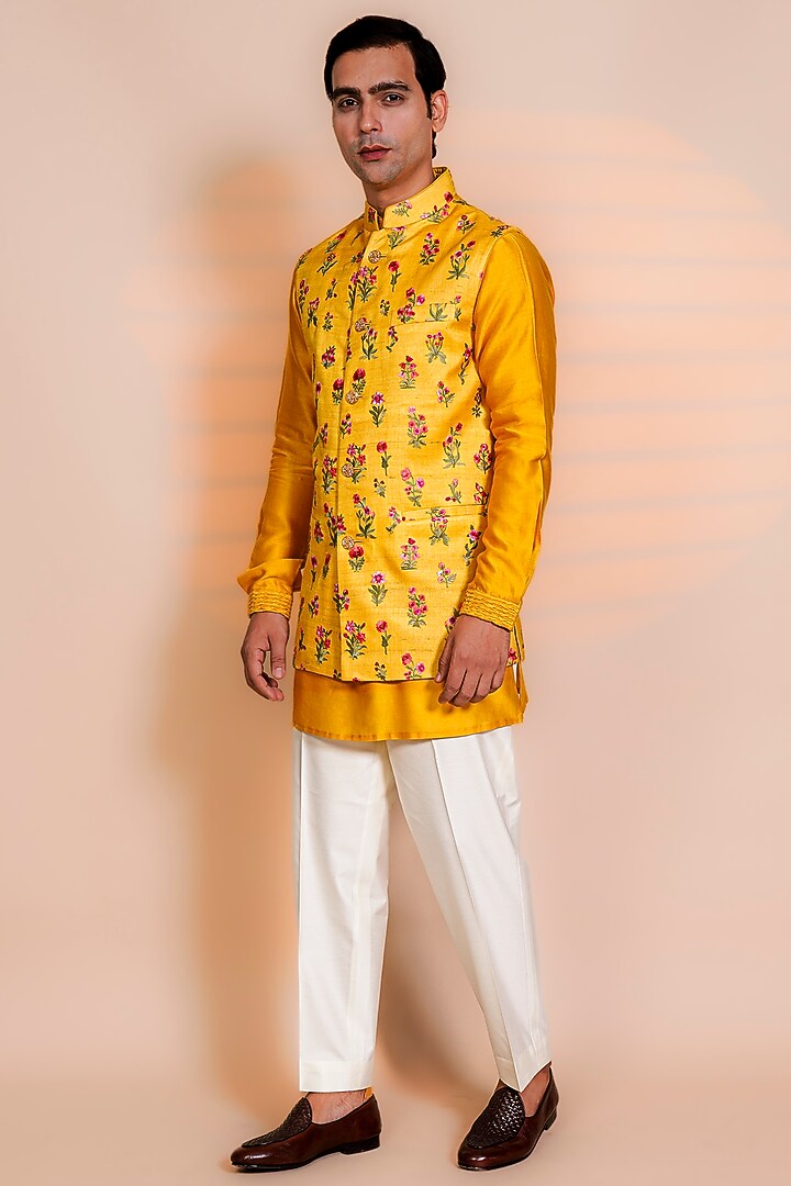 Mustard Raw Silk Thread Embroidered Nehru Jacket Set by AL USTAAD at Pernia's Pop Up Shop