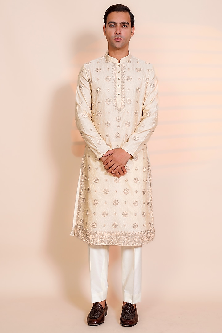 Beige Silk Machine Embroidered Kurta Set by AL USTAAD at Pernia's Pop Up Shop