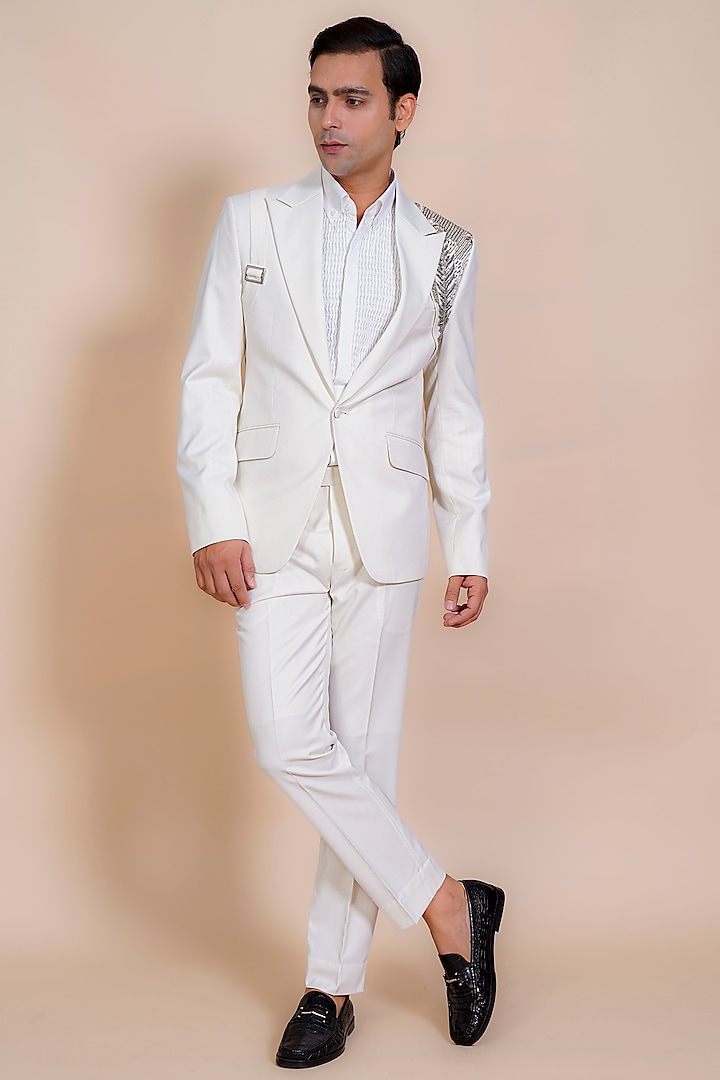 White Suiting Fabric Stone Embroidered Blazer Set by AL USTAAD
