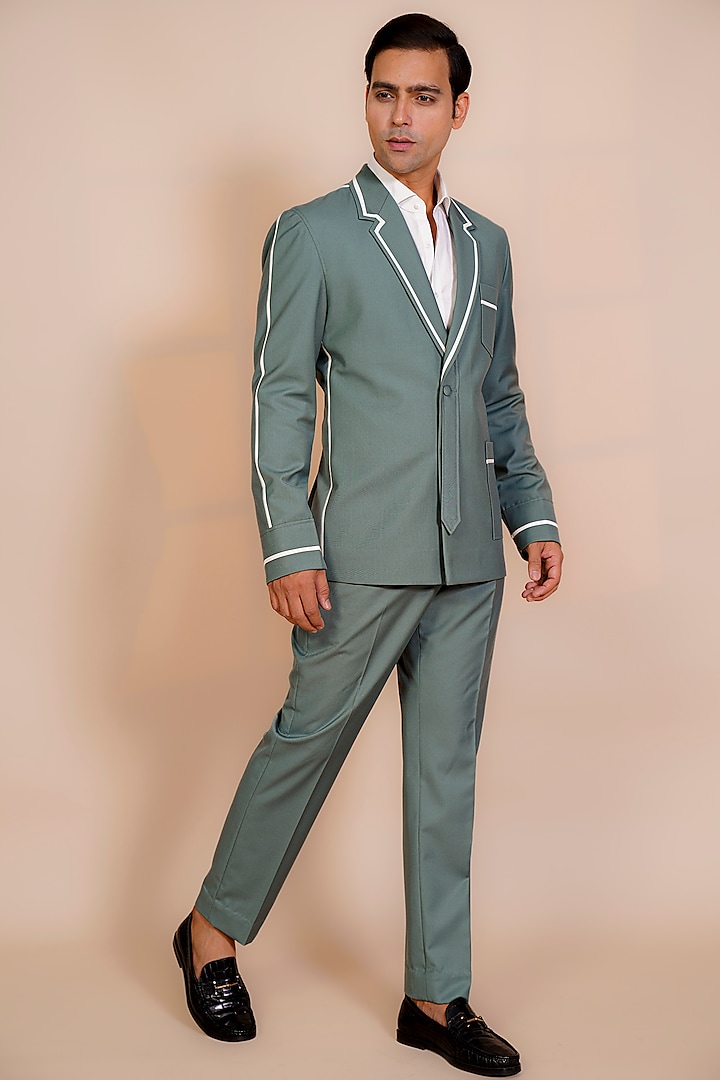 Sea Green Suiting Fabric Blazer Set by AL USTAAD