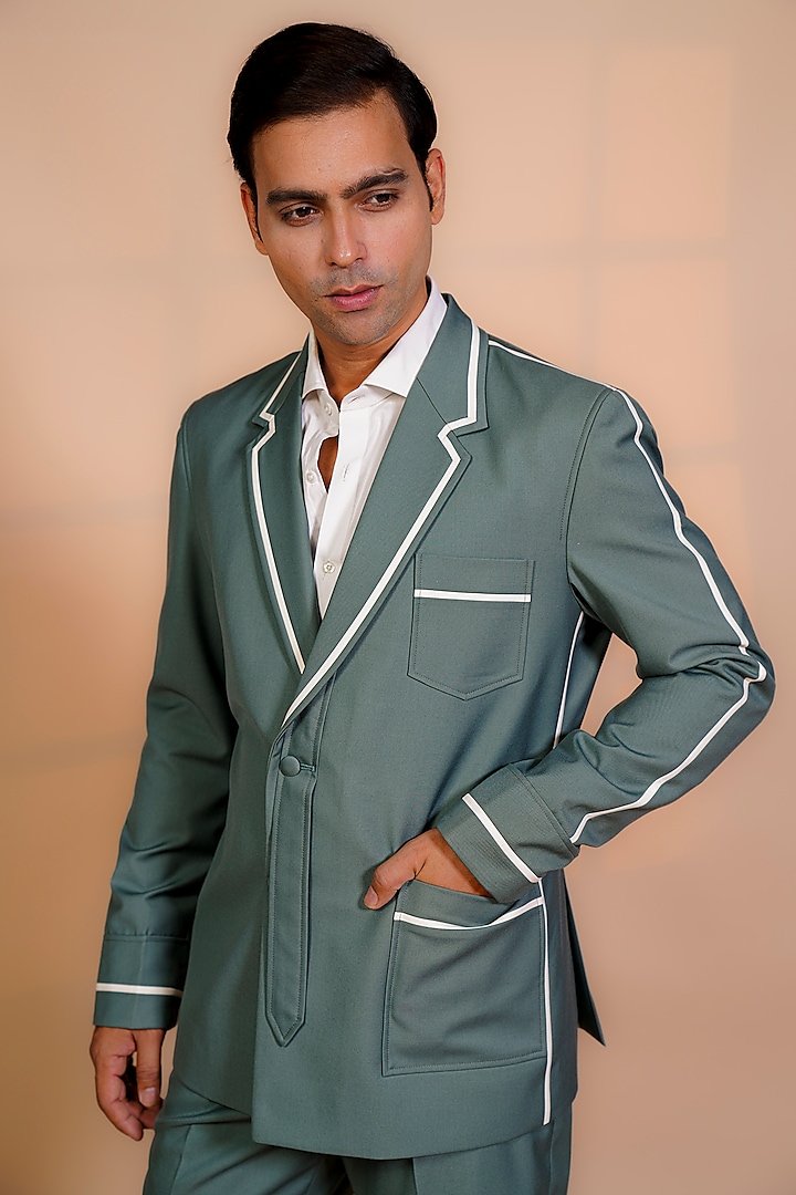 Sea Green Suiting Fabric Blazer Set by AL USTAAD at Pernia's Pop Up Shop