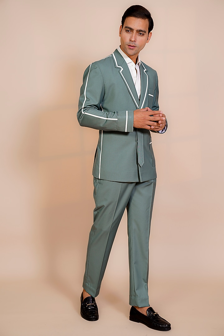 Sea Green Suiting Fabric Blazer Set by AL USTAAD at Pernia's Pop Up Shop