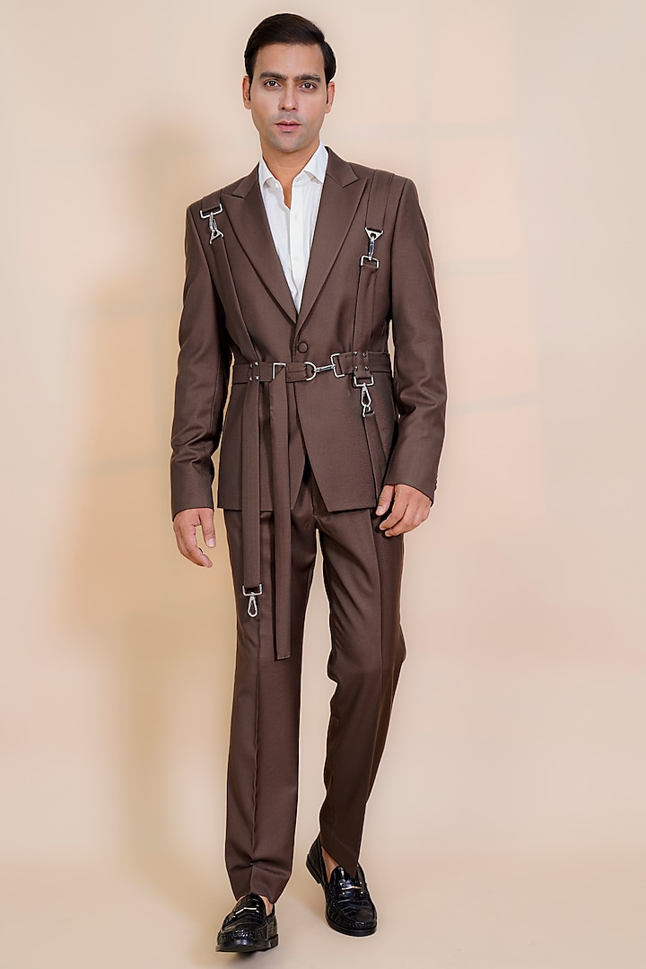 Brown Suiting Fabric Blazer Set by AL USTAAD