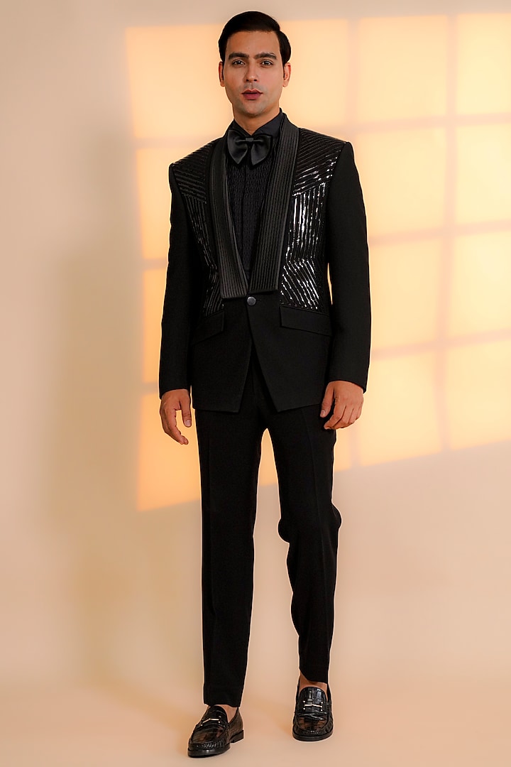 Black Matte Italian Stretch Metal Embellished Tuxedo Set by AL USTAAD