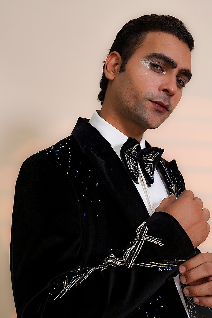 Black Cotton Velvet Cutdana Embroidered Tuxedo Set by AL USTAAD at Pernia's Pop Up Shop