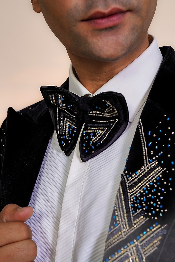 Black Cotton Velvet Cutdana Embroidered Tuxedo Set by AL USTAAD at Pernia's Pop Up Shop