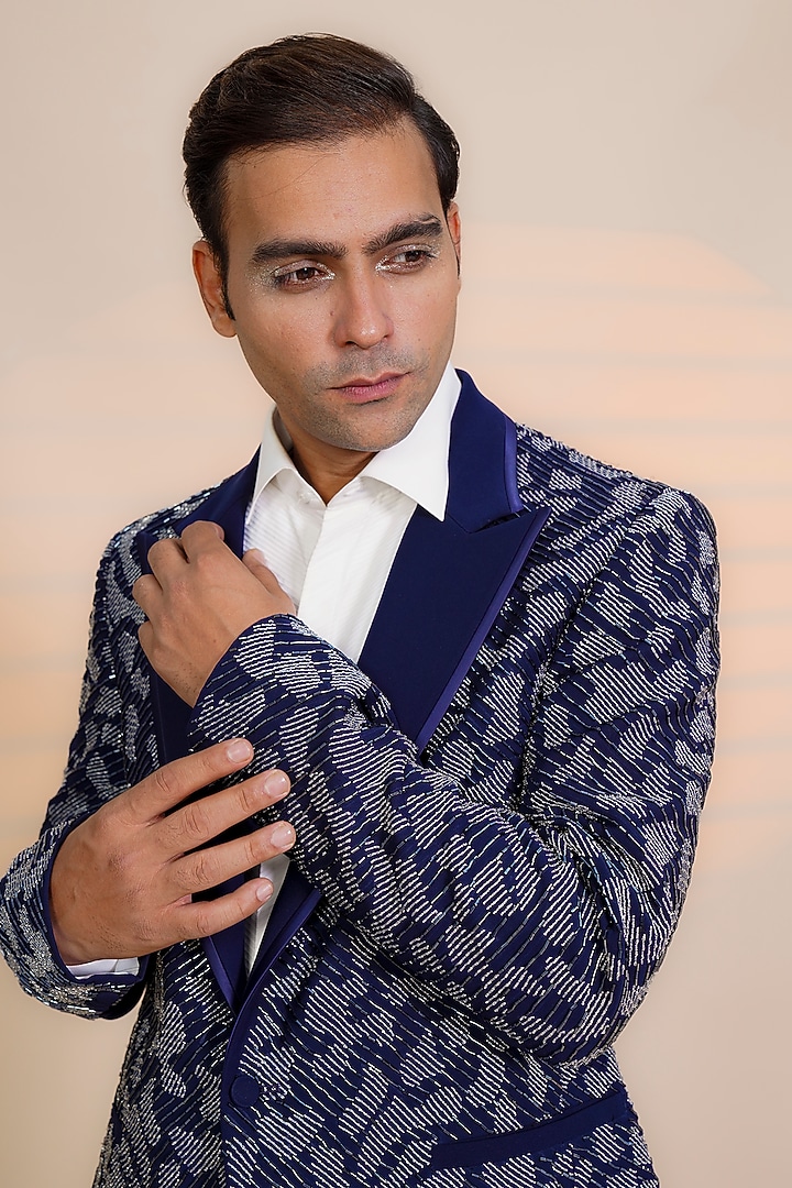 Blue Italian Stretch Glass Bead Embroidered Tuxedo Set by AL USTAAD at Pernia's Pop Up Shop
