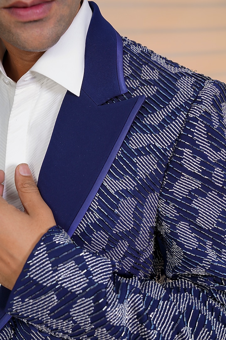 Blue Italian Stretch Glass Bead Embroidered Tuxedo Set by AL USTAAD at Pernia's Pop Up Shop