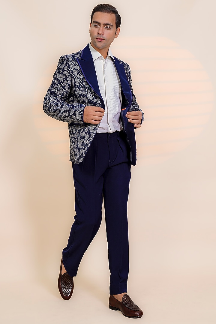 Blue Italian Stretch Glass Bead Embroidered Tuxedo Set by AL USTAAD at Pernia's Pop Up Shop