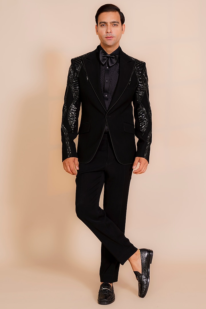 Black Italian Stretch Bead Embroidered Tuxedo Set by AL USTAAD