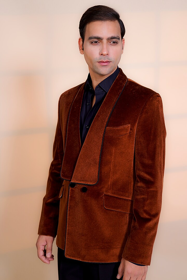Rust Pure Velvet Blazer Set by AL USTAAD at Pernia's Pop Up Shop