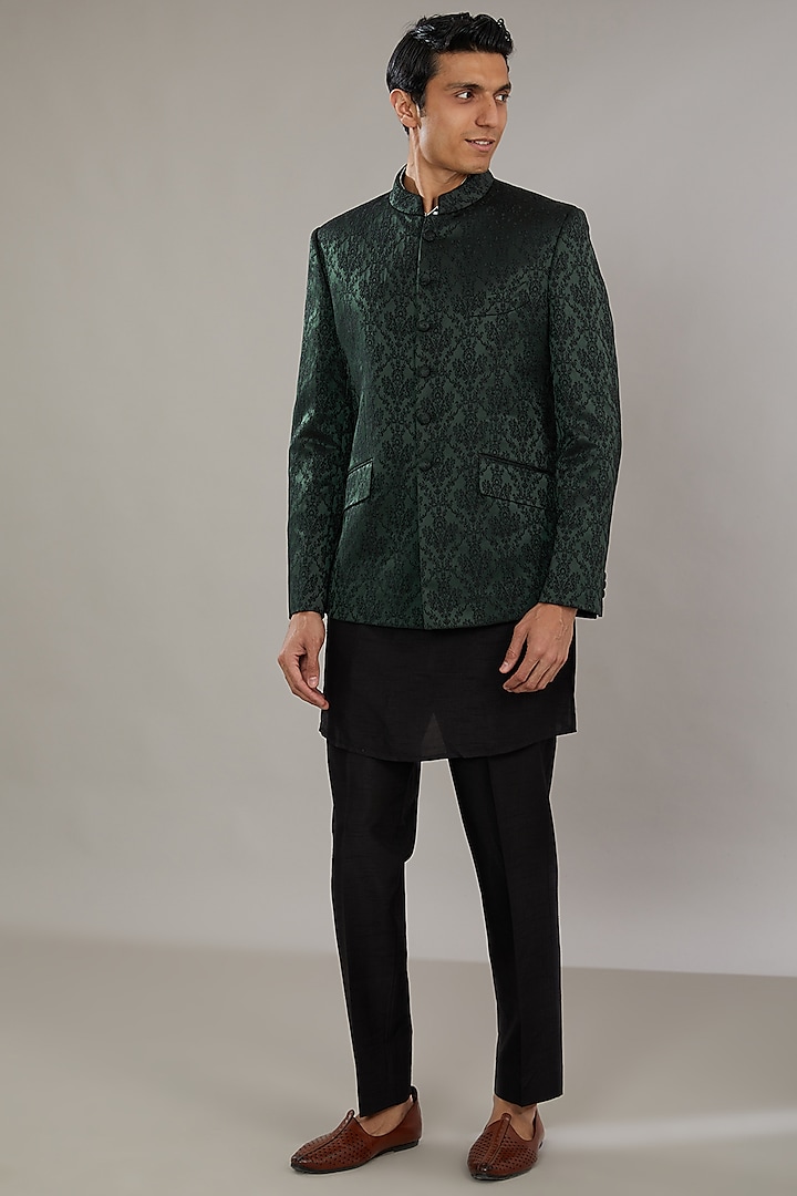 Green Jacquard Embroidered Indowestern Set by AL USTAAD