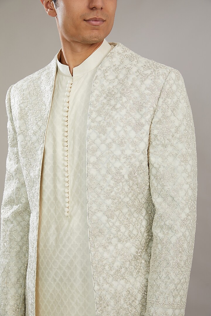 White Self Chanderi Embroidered Wedding Indowestern Set by AL USTAAD at Pernia's Pop Up Shop