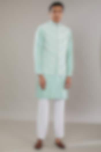 Blue Raw Silk Embroidered Bundi Set by AL USTAAD at Pernia's Pop Up Shop