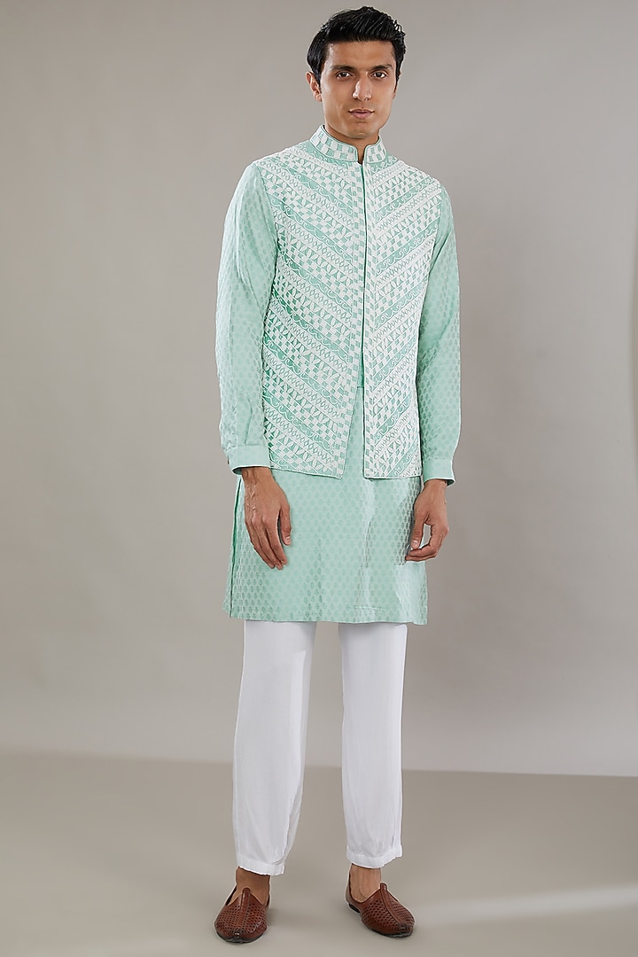 Blue Raw Silk Embroidered Bundi Set by AL USTAAD at Pernia's Pop Up Shop