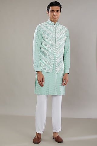 Blue Raw Silk Embroidered Bundi Set by AL USTAAD