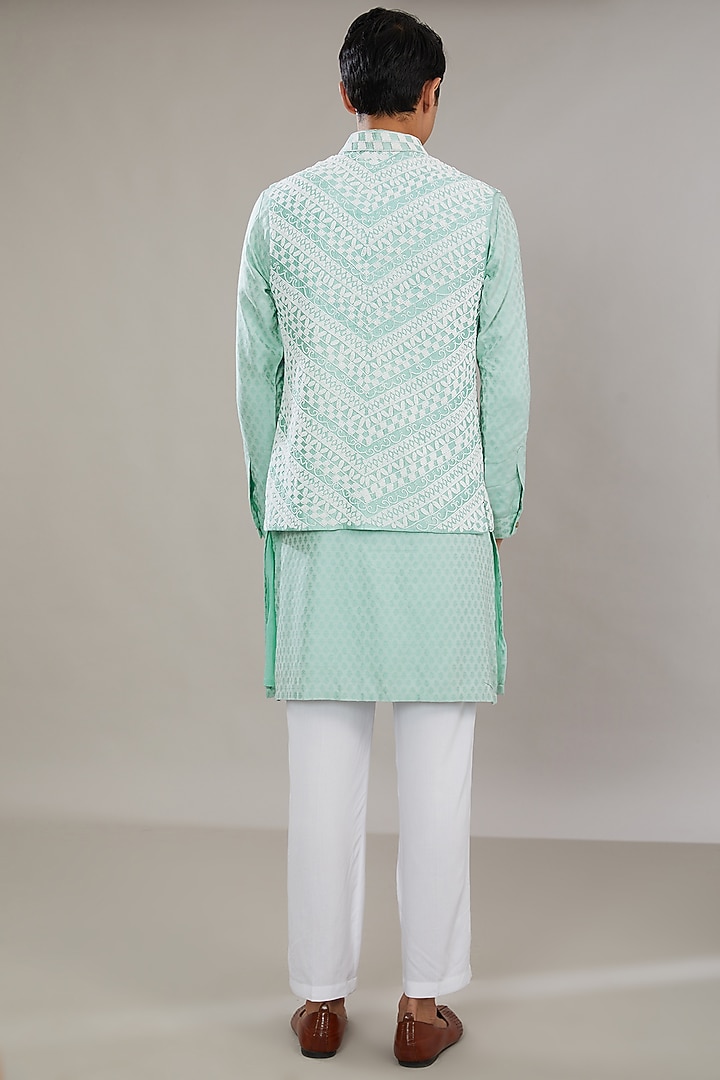 Blue Raw Silk Embroidered Bundi Set by AL USTAAD at Pernia's Pop Up Shop