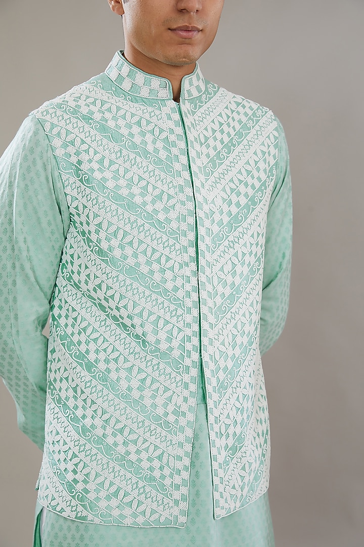 Blue Raw Silk Embroidered Bundi Set by AL USTAAD at Pernia's Pop Up Shop